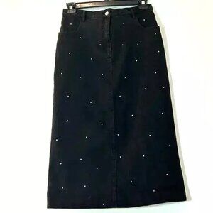 Carole Little Rhinestone Studded Denim Maxi Skirt size L Black